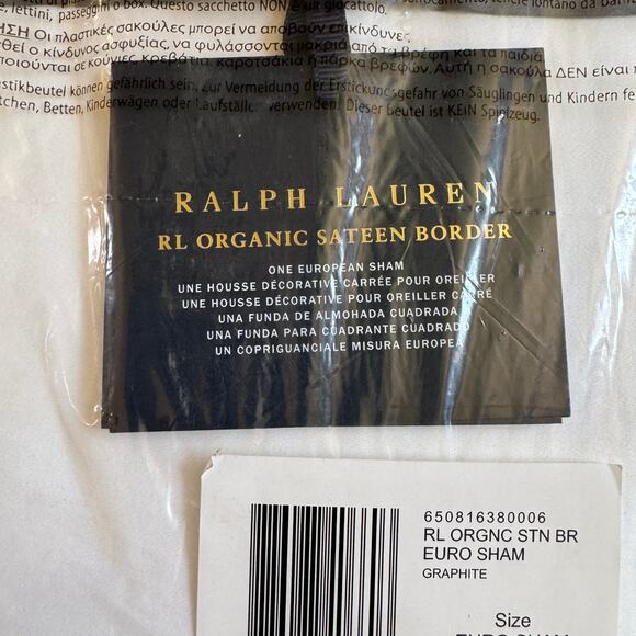 Ralph Lauren Home Organic Sateen Border European Sham Euro Graphite Gray NEW - Picture 6 of 7